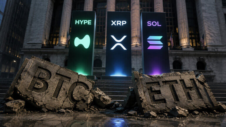 Broken Bitcoin and Ethereum ETF monuments beneath glowing HYPE, XRP, and Solana symbols illustrating investor rotation away from BTC and ETH funds into alternative crypto assets