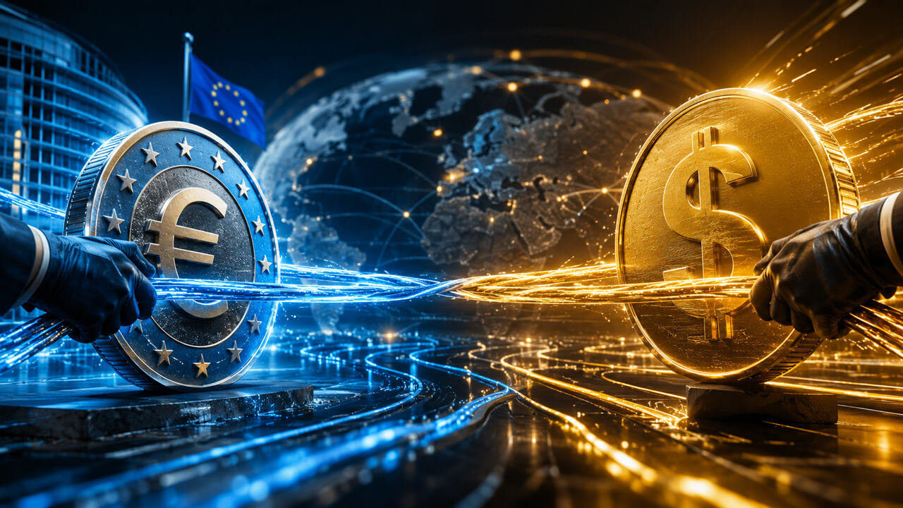 Euro and US dollar stablecoin symbols competing across a global blockchain network as European banks push for euro-denominated on-chain finance infrastructure