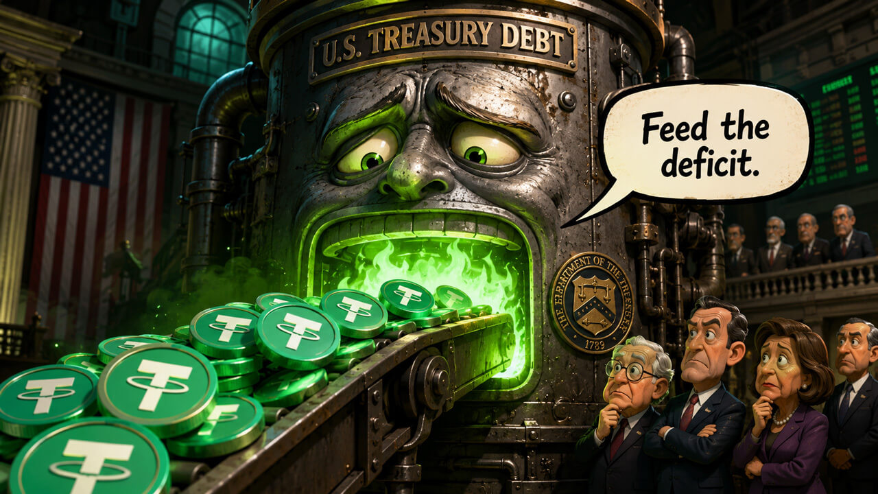 Cartoon of Tether tokens being minted by a U.S. Treasury debt machine while officials watch.