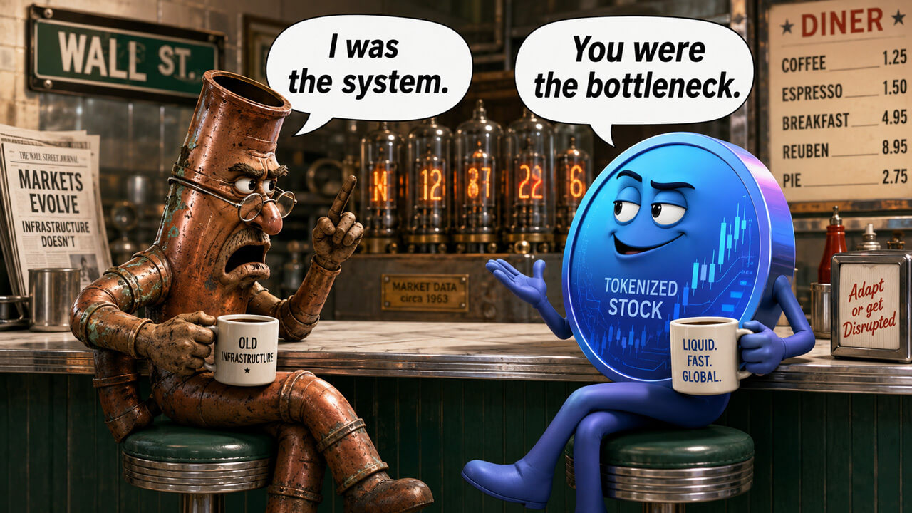 Cartoon of Wall Street plumbing debating a tokenized stock coin in a diner.