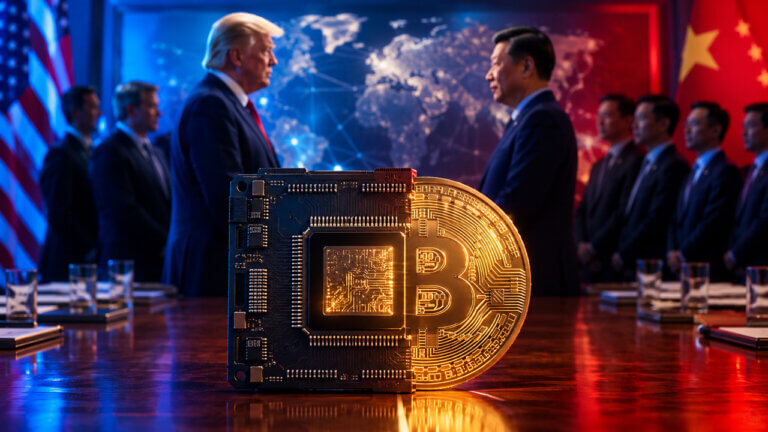 Bitcoin and semiconductor chip displayed during high-stakes US-China talks as Trump’s Beijing visit tests the strength of the crypto market rally