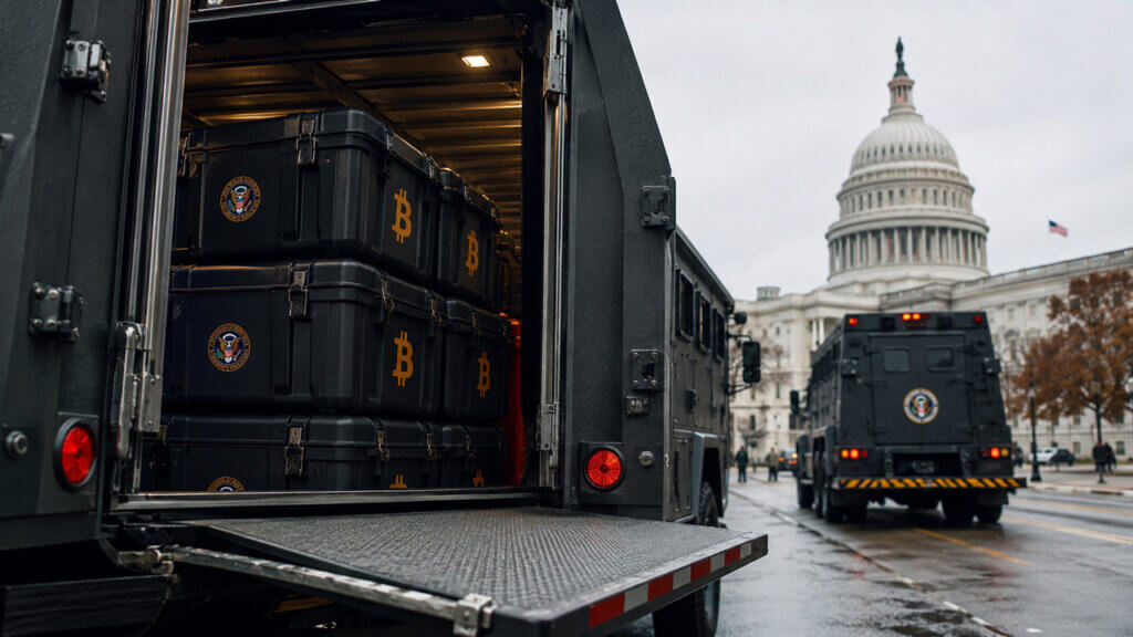 Armored government trucks carrying secured Bitcoin reserve cases outside the US Capitol as lawmakers debate a federal strategic crypto stockpile initiative