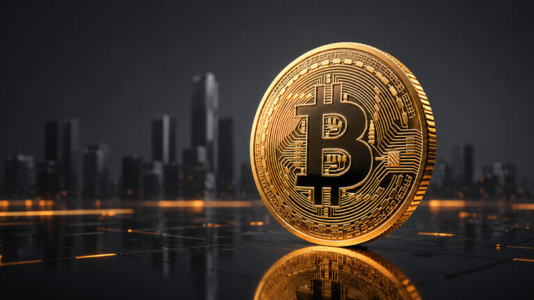 Gold Bitcoin coin displayed against a modern digital city backdrop representing decentralized cryptocurrency and blockchain technology