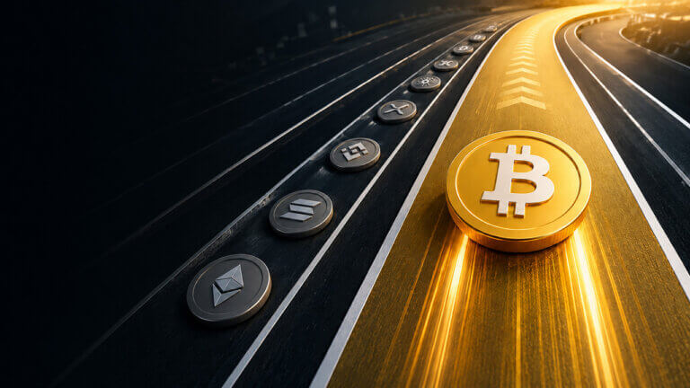Bitcoin dominance illustration showing BTC leading the crypto market ahead of major altcoins on parallel trading lanes