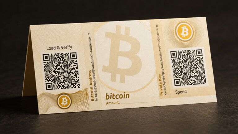 Bitcoin paper wallet with QR codes for public and private keys used for offline crypto storage and security