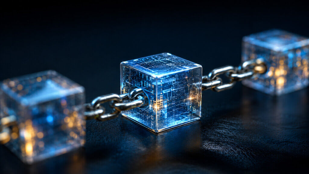 Connected blockchain network blocks visualizing decentralized digital ledger technology and secure crypto transaction verification