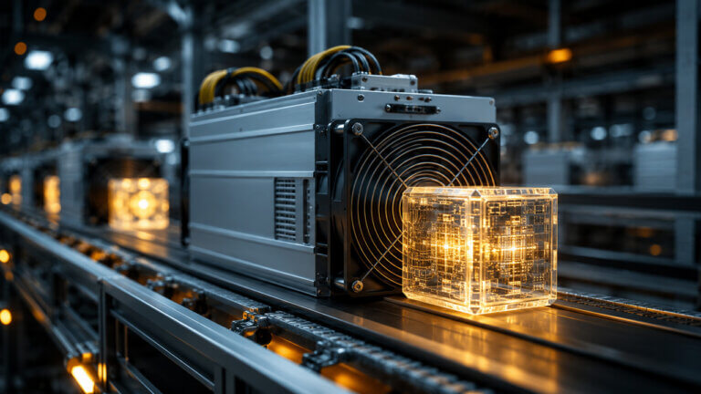Crypto mining machine processing digital blockchain data cubes inside an industrial mining facility representing cryptocurrency mining operations