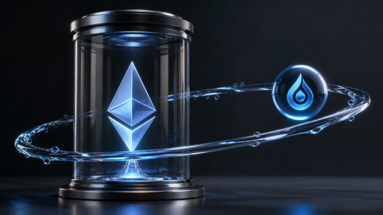 Ethereum symbol and liquid staking token orbiting in a futuristic display representing liquid staking rewards and decentralized finance participation