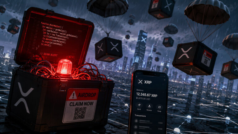 Red warning crate and fake XRP airdrop boxes targeting XRPL users in a crypto scam attack scene