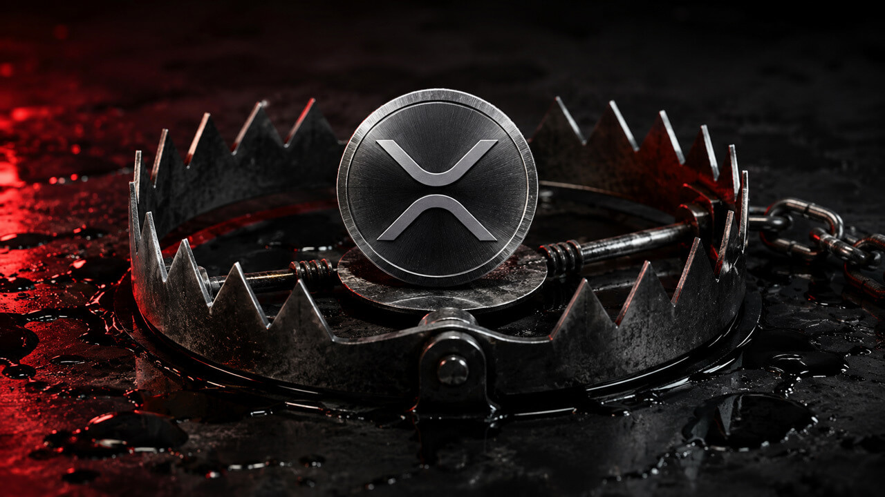XRP token positioned inside a steel bear trap symbolizing rising leverage risk and tightening crypto market liquidity amid volatility fears