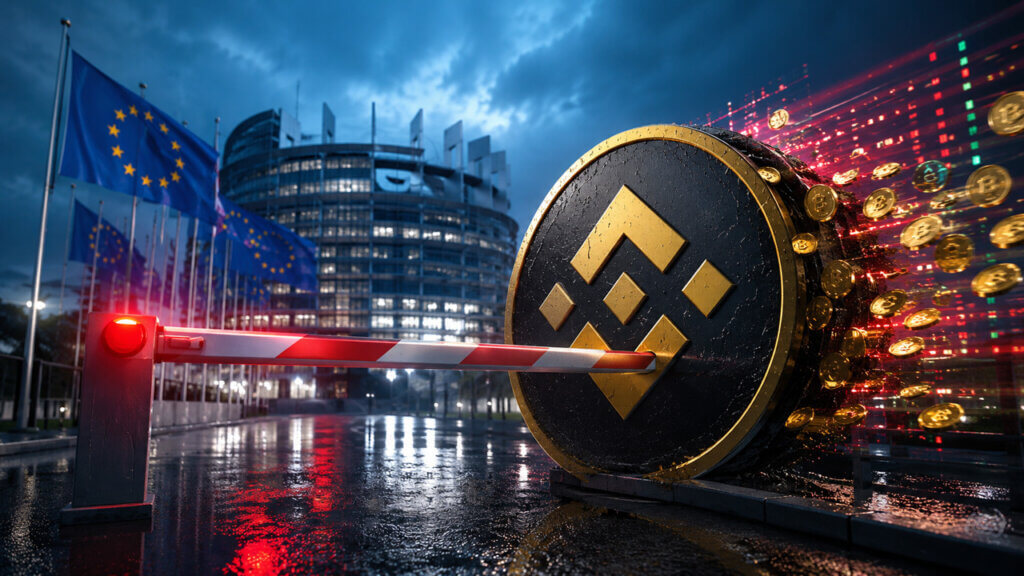Binance logo in front of a European city skyline illustrating MiCA-related service restrictions in the EU.Binance logo in front of a European city skyline illustrating MiCA-related service restrictions in the EU.