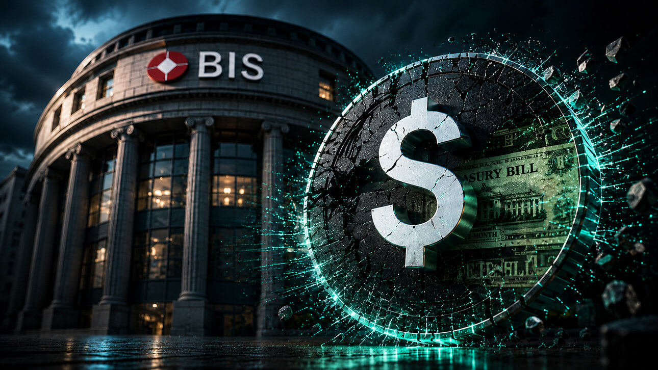 Illustration of a dollar stablecoin token over a Bank for International Settlements building, representing stablecoins and Treasury bill market exposure.