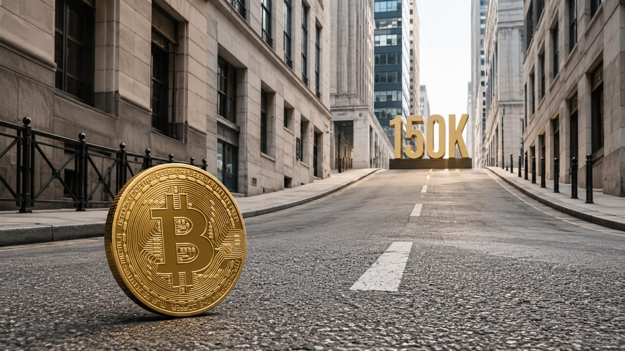 Bitcoin positioned on an empty street facing a distant “150K” target, symbolizing forecasts for Bitcoin reaching $150,000.