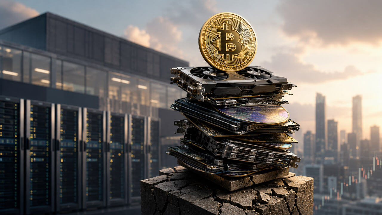 Bitcoin coin in front of stacked AI data center servers representing infrastructure investment and Bitcoin exposure