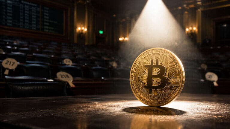 Bitcoin standing alone under a spotlight in an empty trading hall, representing reduced market interest and uncertain investor demand.