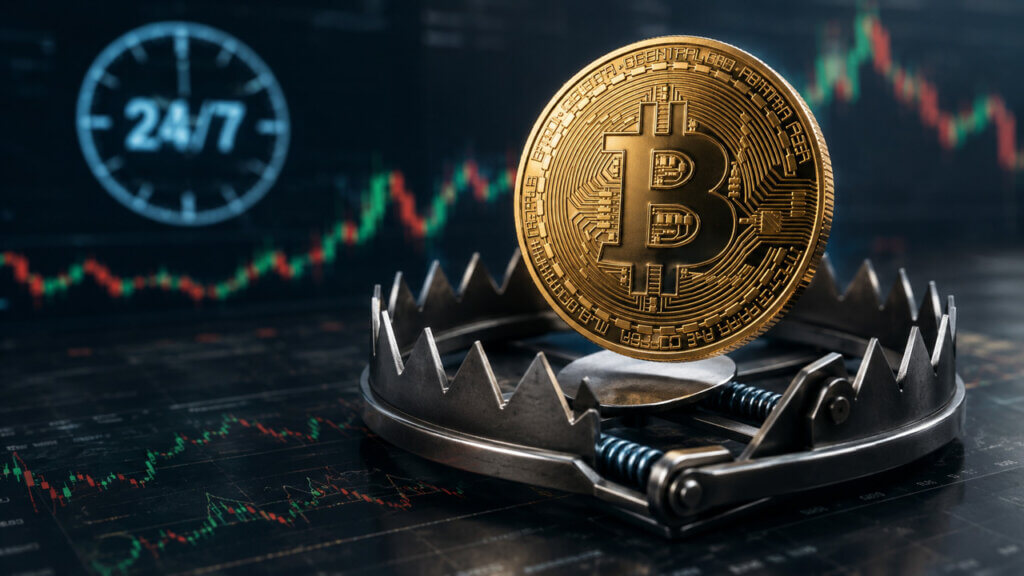 Bitcoin balanced above a bear trap against a 24/7 trading backdrop, illustrating the debate over whether around-the-clock CME Bitcoin futures reduce volatility or create new leverage risks.