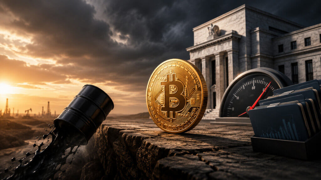 Bitcoin positioned between a collapsing oil market and Federal Reserve policy backdrop, illustrating how fading oil-driven inflation fears have shifted Bitcoin’s focus toward liquidity, interest rates, and broader financial conditions.