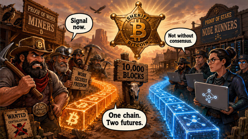 Cartoon depicting a Bitcoin fork debate, with miners supporting BIP-110 on one side and node operators opposing transaction filtering on the other as two blockchain paths diverge ahead of a proposed activation threshold.