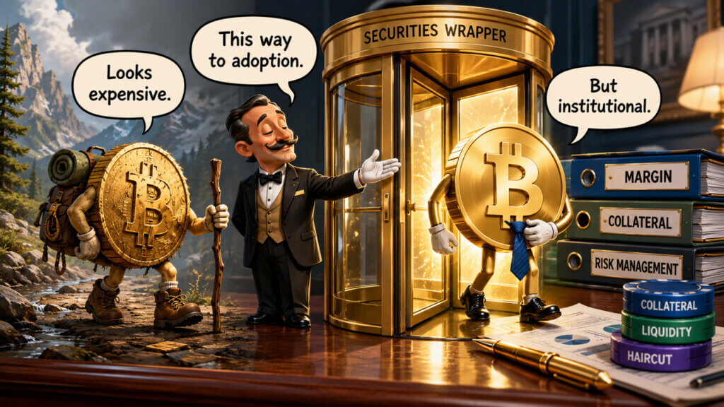 Cartoon illustration of Bitcoin entering an institutional securities wrapper, with margin, collateral, liquidity, haircut, and risk management references.