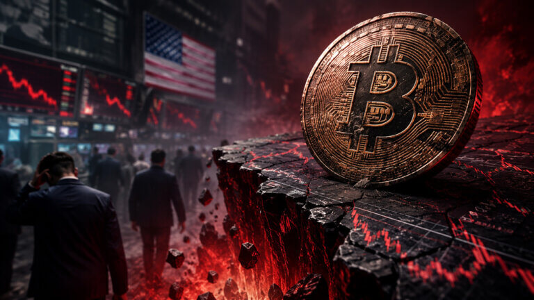 Bitcoin coin amid a downward market trend, with red candlestick chart, falling price action, and bearish sentiment imagery representing weakening U.S. demand and market pressure.