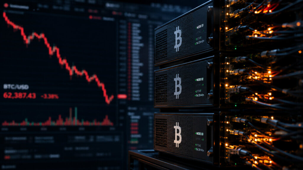 Bitcoin mining servers operating at full capacity beside a falling BTC price chart, illustrating a surge in network activity and transaction demand despite ongoing price weakness.