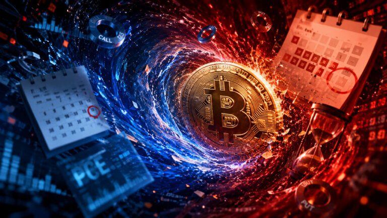 Bitcoin surrounded by red and blue market energy, representing price volatility ahead of PCE data and options expiry.