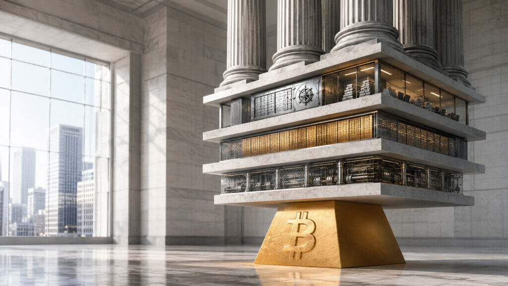 Bitcoin supports a layered financial structure inside a bank-like institution, symbolizing its growing role as collateral and infrastructure for reinsurance, structured credit, and other institutional financial products.