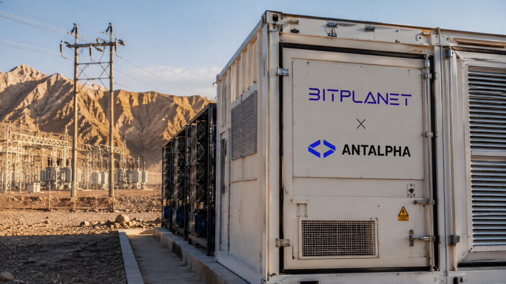 Antalpha mining container mockup building with company signage at the entrance.