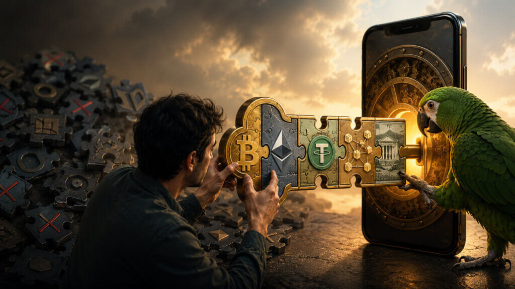 Bitwise crypto model parrot illustration with digital asset symbols and blockchain-themed background