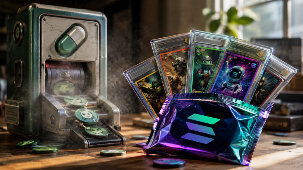 Collector Crypt trading cards emerging from a Solana-branded card pack beside a fading memecoin token machine, illustrating how collectible products are attracting user spending and reshaping consumer activity on Solana.