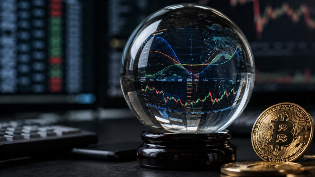 Crystal ball displaying market charts beside Bitcoin, illustrating how the rise of options trading is shifting investor focus from owning assets outright to trading volatility, probabilities, and future outcomes.
