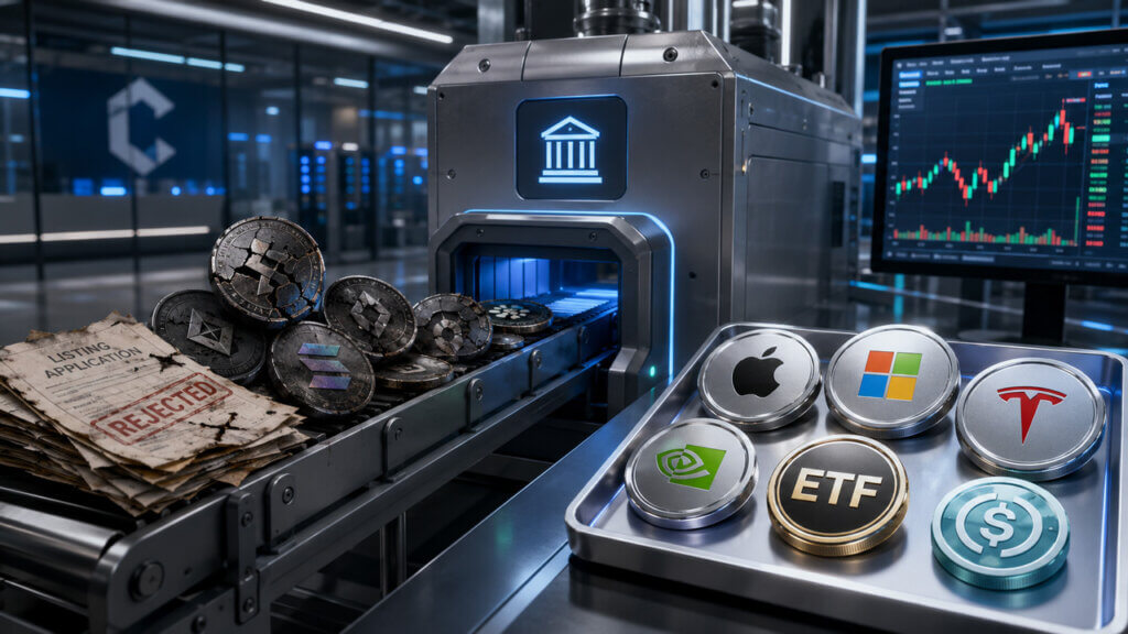 Tokenized stocks rise as traditional equities move on-chain, illustrated by rejected crypto token listings being replaced with tokenized shares of Apple, Microsoft, Nvidia and Tesla, highlighting the shift from speculative crypto assets toward regulated stock tokens and ETF-backed investments.