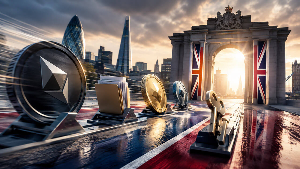 Security checkpoint in London's financial district with Bitcoin and cryptocurrency symbols representing UK crypto market access rules.
