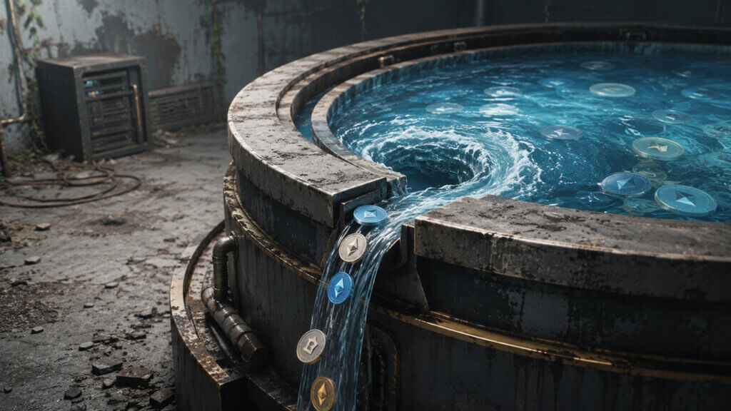 DeFi tokens swirl into a neglected liquidity pool drain, illustrating how forgotten legacy smart contracts can become the source of the next major exploit.