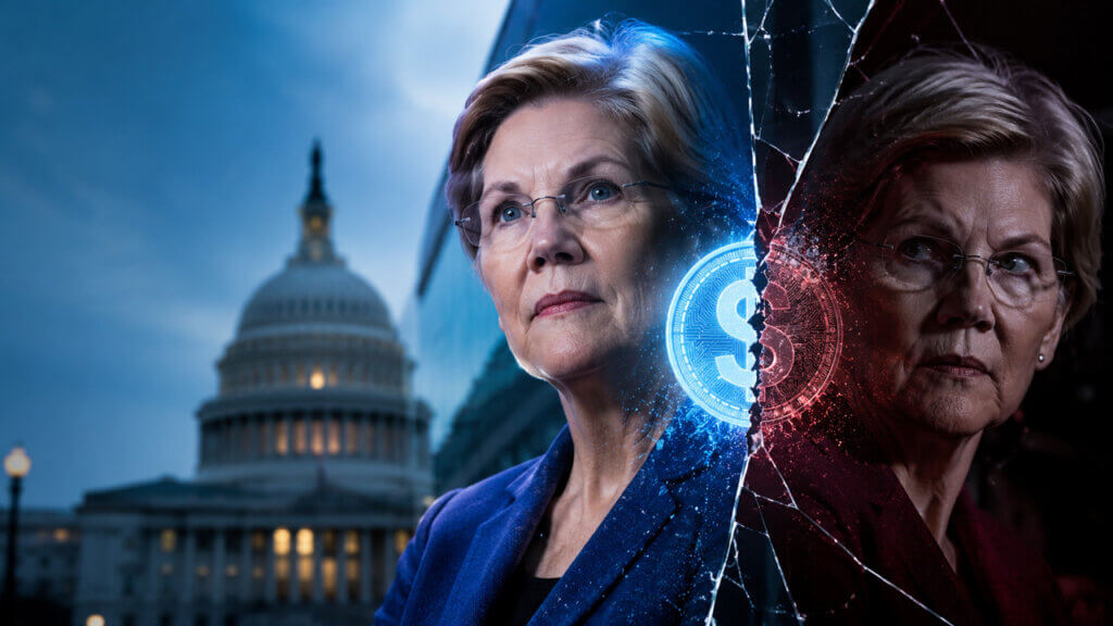 Sen. Elizabeth Warren beside a stock market chart and U.S. Capitol imagery