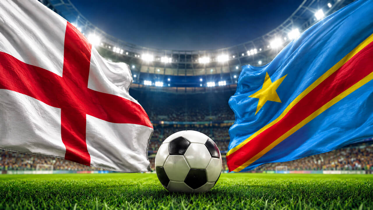England and DR Congo flags face off above a soccer ball in a packed stadium, representing a FIFA World Cup prediction market matchup.