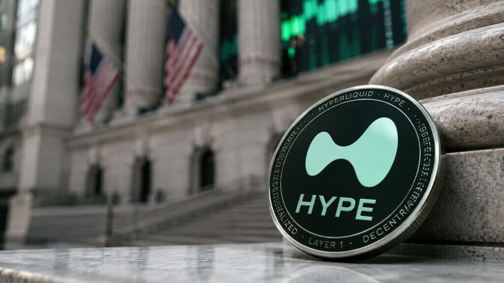 HYPE token displayed outside a major financial district building, symbolizing growing Wall Street investment in Hyperliquid-focused ETFs and on-chain exchange infrastructure.