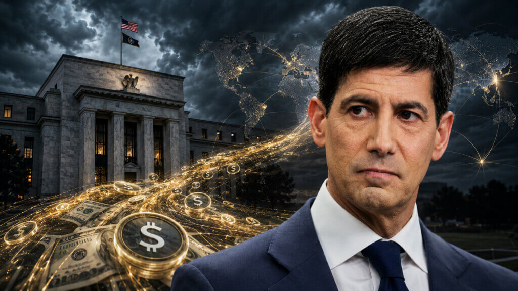 Kevin Warsh with the Federal Reserve and global dollar payment flows, illustrating concerns that stablecoins could strengthen U.S. dollar dominance and reshape international financial markets.