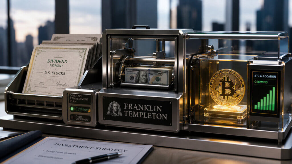 Franklin Templeton ETF concept showing U.S. stock dividends being converted into Bitcoin exposure, highlighting a strategy that channels traditional equity income into digital asset allocation.