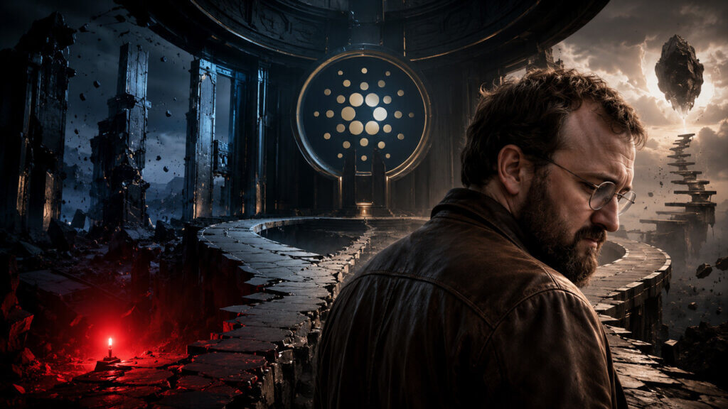 Charles Hoskinson stands before a fractured futuristic landscape and a glowing Cardano emblem, symbolizing uncertainty and major governance challenges facing the ecosystem.