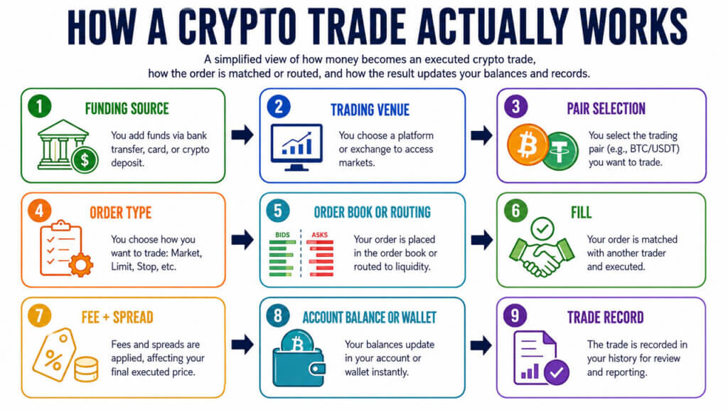 Step-by-step infographic showing how a crypto trade works from funding an account and placing an order to execution, fees, wallet updates and trade records.