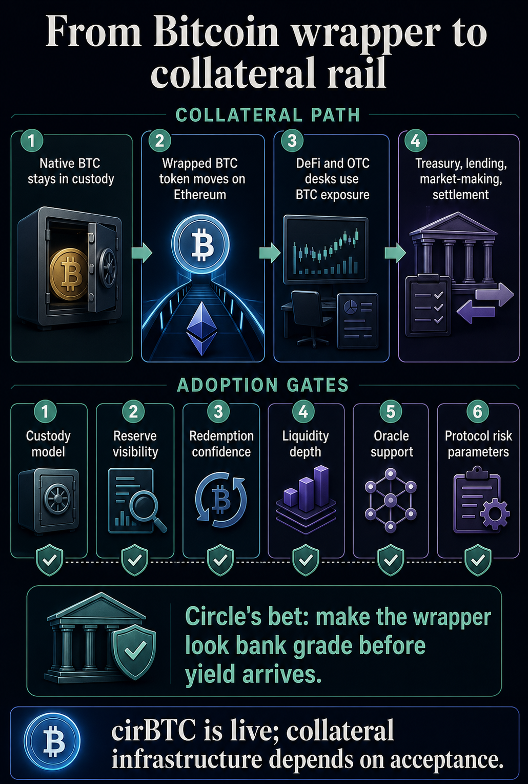 Infographic mapping how wrapped Bitcoin can move from custody into institutional collateral workflows through adoption gates.