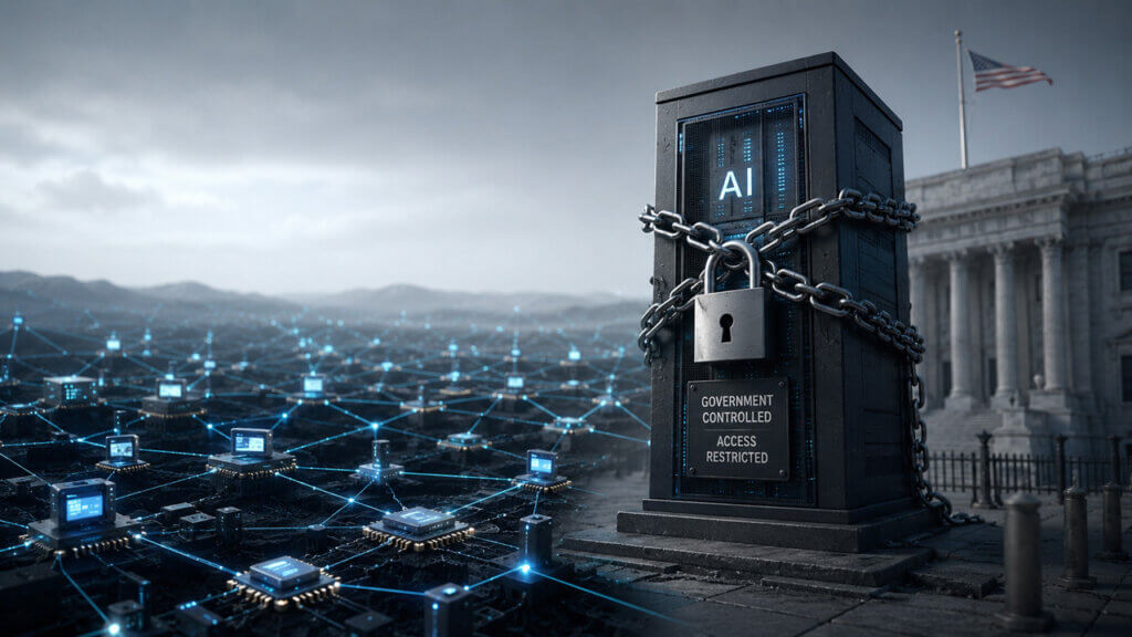 Government-locked AI server stands beside a decentralized computing network, illustrating how U.S. export restrictions on advanced AI models are driving interest in permissionless crypto-based alternatives.