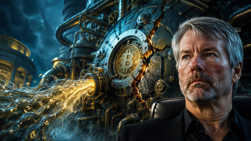 Michael Saylor with Bitcoin-themed digital artwork background