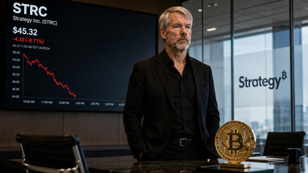 Strategy chairman Michael Saylor stands before a falling STRC stock chart, illustrating pressure on the company’s Bitcoin-backed income strategy as shares decline and investor confidence is tested.