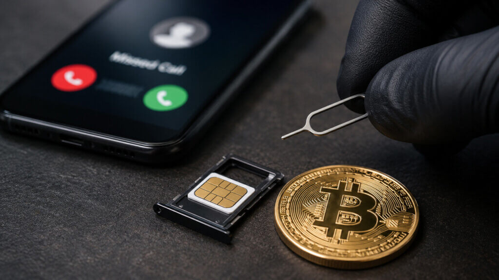 SIM card swap tools beside a smartphone and Bitcoin token, illustrating how robocall-related phone account exposure could increase risks for crypto theft and account takeover attacks.