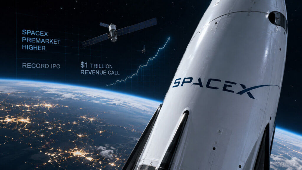 SpaceX spacecraft orbiting Earth beside a rising market chart and $1 trillion revenue projection, reflecting growing retail and crypto trader interest as the SpaceX rally extends