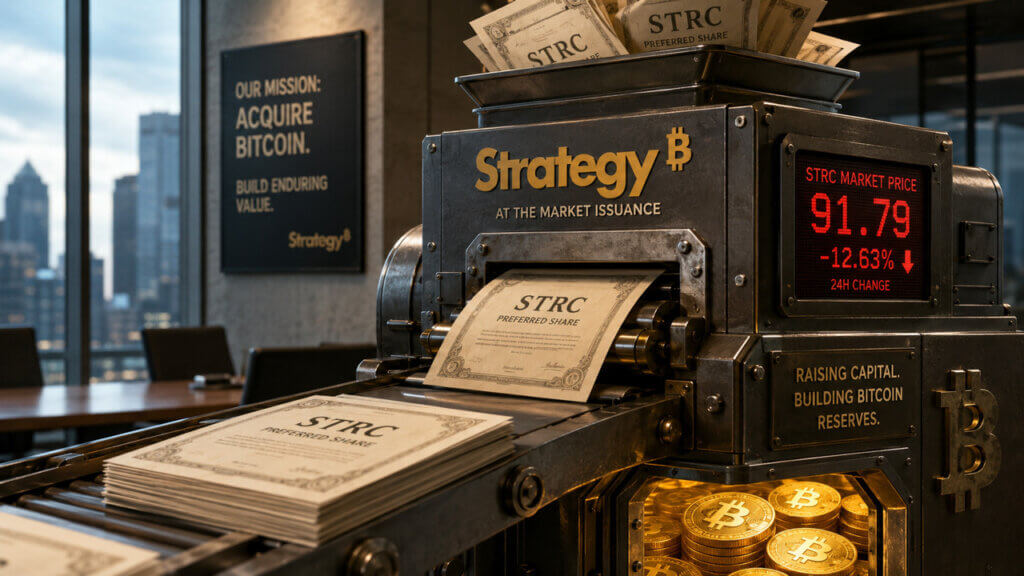 Strategy’s STRC preferred shares being issued to fund Bitcoin purchases, illustrating how falling market prices and rising yield demands are putting pressure on Strategy’s $10 billion Bitcoin income strategy.