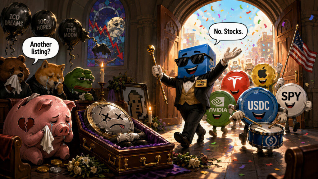Cartoon showing crypto characters at a funeral for failed token listings as tokenized stock symbols enter the market.
