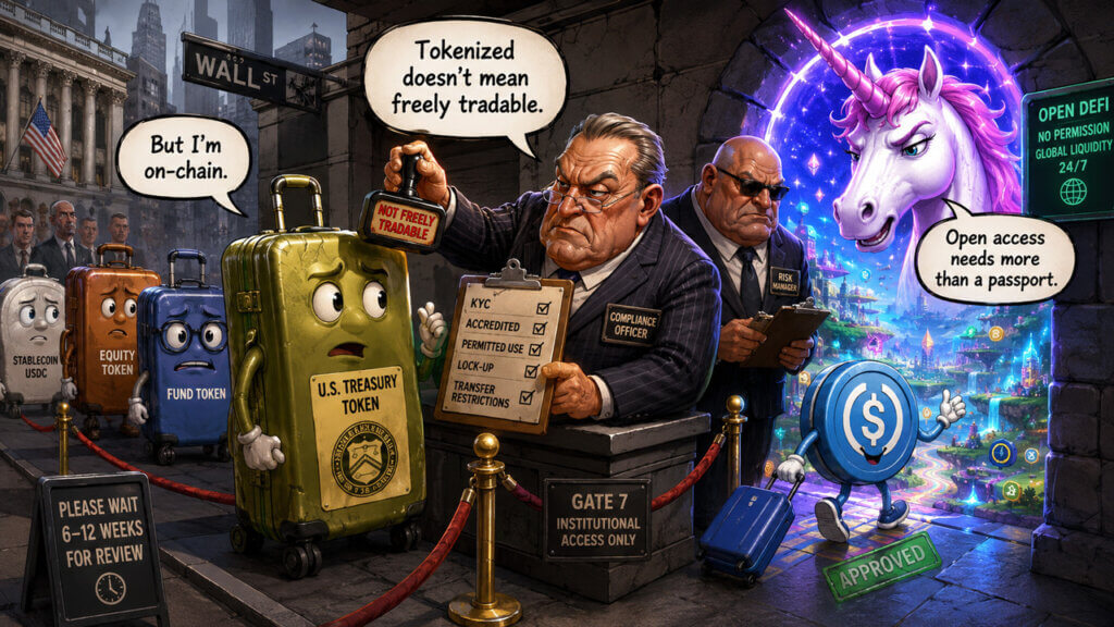 Cartoon depicting tokenized assets passing through a Wall Street checkpoint, with regulators scrutinizing a tokenized U.S. Treasury while a DeFi unicorn and stablecoin await approval, illustrating tensions between institutional tokenization and open blockchain access.